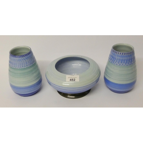 482 - Shelley - pair of Art Deco blue banded vases and a matching fruit bowl