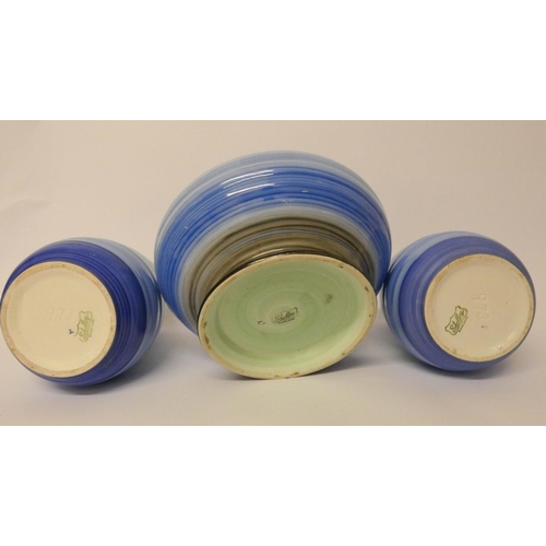 482 - Shelley - pair of Art Deco blue banded vases and a matching fruit bowl