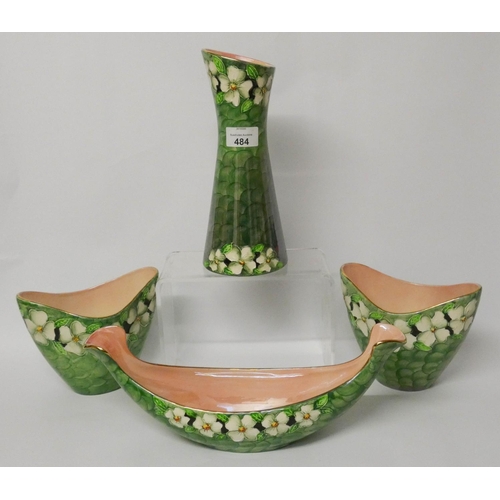 484 - Maling - four pieces of matching pottery to include a pair of vases, boat shaped dish and a tall vas... 