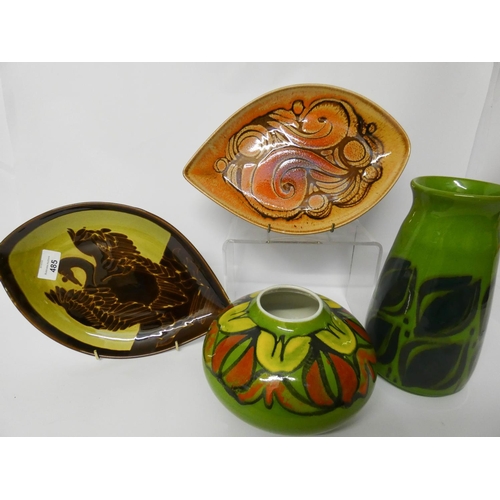 485 - Poole Pottery - two Aegean leaf plates and two Delphis vases