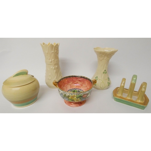 492 - Two Belleek vases, Maling ware Sundae dish and two pieces of Susie Cooper