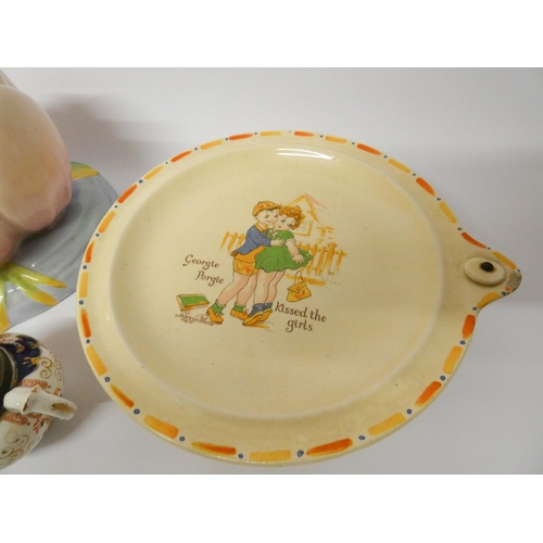 495 - A Clarice Cliff water Lily table centre piece, Georgy Porgy Peggy Gibbons plate warmer and a small c... 