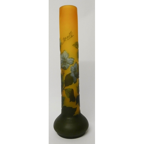 499 - A cameo glass narrow necked tall vase, decorated with blue flowers, signed Galle. height 30 cms