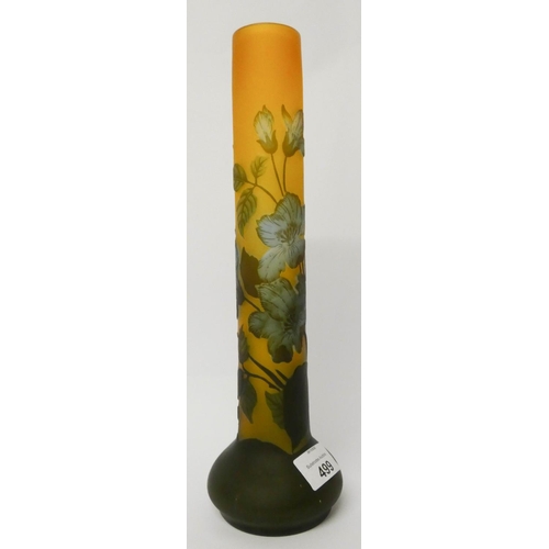 499 - A cameo glass narrow necked tall vase, decorated with blue flowers, signed Galle. height 30 cms