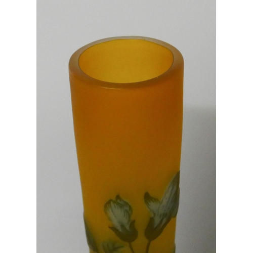 499 - A cameo glass narrow necked tall vase, decorated with blue flowers, signed Galle. height 30 cms