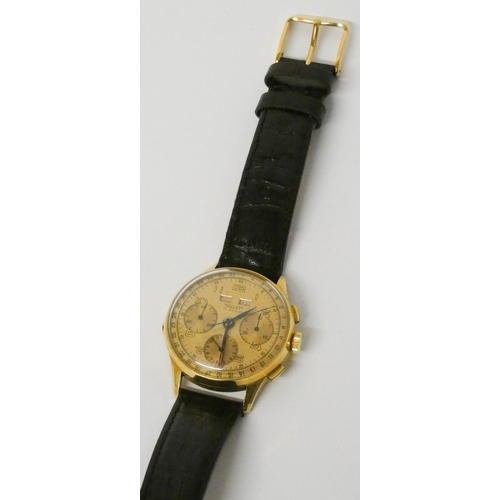 620 - Tollet 18ct gold vintage chronograph wristwatch with calendar aperture. 35mm case, hallmarked. On br... 