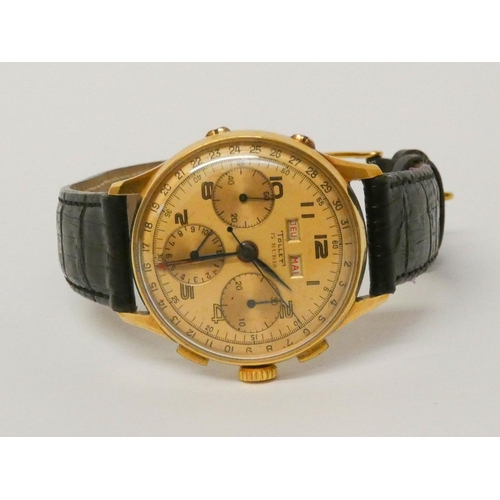 620 - Tollet 18ct gold vintage chronograph wristwatch with calendar aperture. 35mm case, hallmarked. On br... 