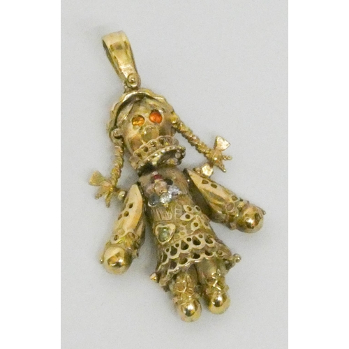 625 - 9ct gold articulated rag doll pendant set with coloured stones.