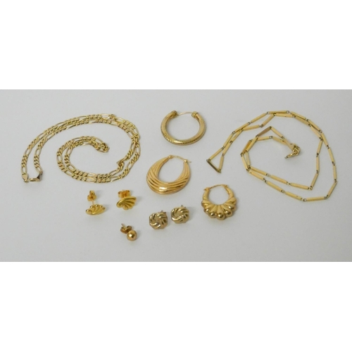 643 - 9ct yellow gold - two neck chains and a collection of pierced earrings, gross weight 18 grams