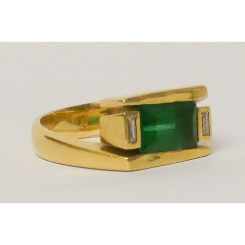 677 - An 18ct gold modern signet style dress ring, set diamonds and a green stone, hallmarked 18t yellow g... 