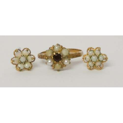 684 - A pair of opal flower cluster ear studs and 9ct gold pearl and garnet cluster ring