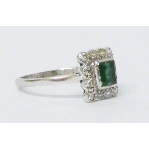 688 - Art Deco emerald and diamond square cluster ring, set in platinum, shank marked PLAT, ring size P, w... 