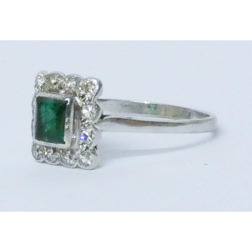 688 - Art Deco emerald and diamond square cluster ring, set in platinum, shank marked PLAT, ring size P, w... 