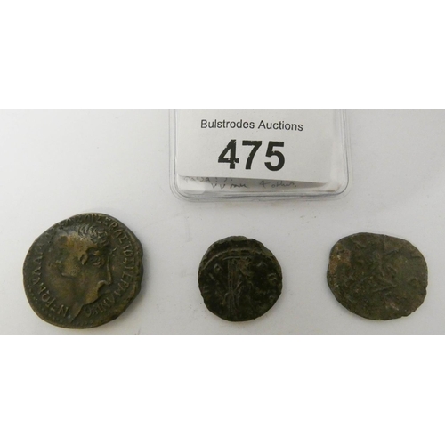 475 - Three Roman coins to include a bronze of Nero together with two bronzes of the Emperor Carausius