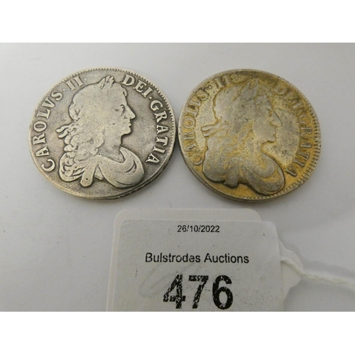 476 - Two crowns of Charles II, one dated 1681 the other 1668, one removed from a mount, the other with tr... 