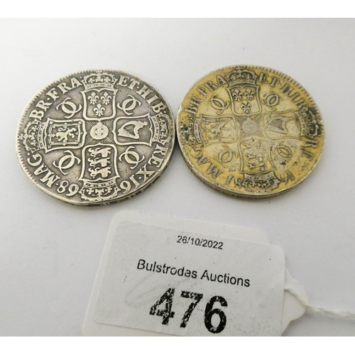 476 - Two crowns of Charles II, one dated 1681 the other 1668, one removed from a mount, the other with tr... 