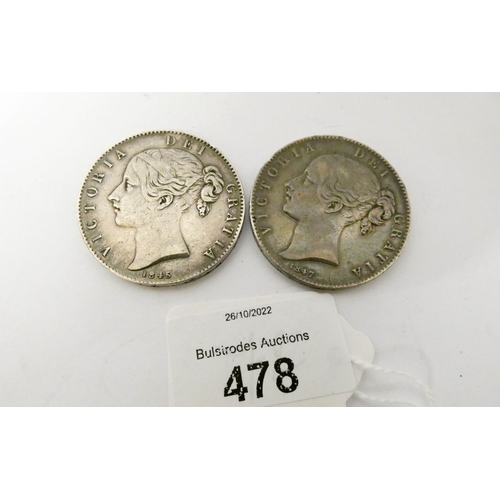 478 - Two young head crowns of Victoria, one dated 1845, the other 1847