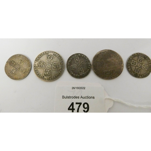 479 - Three sixpences and two shillings to include a William III sixpence, Queen Anne sixpence, George II ... 