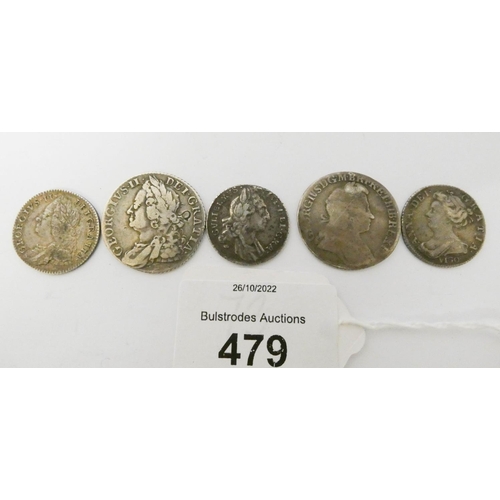 479 - Three sixpences and two shillings to include a William III sixpence, Queen Anne sixpence, George II ... 