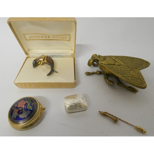 500 - A modern silver pillbox marked 925, another enamelled pillbox, brass crocodile nut cracker, Dolphin ... 