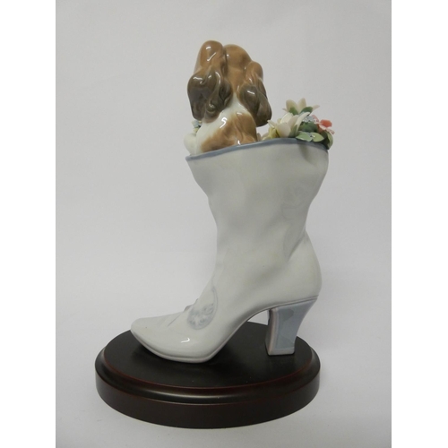 560 - A Lladro figurine of a puppy in a boot 'A Well Heeled Puppy' with original box