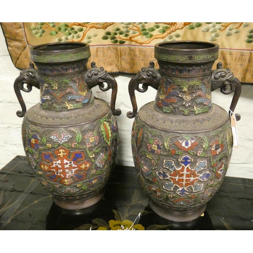 233 - A pair of Chinese bronze and champlevé enamelled two handled vases, 15