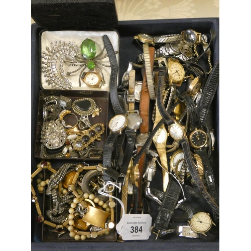 384 - Collection of vintage costume jewellery and a large collection of ladies wristwatches