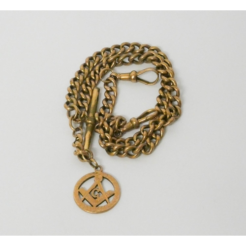 610 - Victorian 9ct rose gold Albert chain with Masonic interest medallion, rolled gold T bar. Chain & med... 