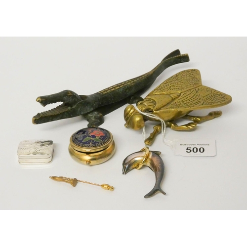 500 - A modern silver pillbox marked 925, another enamelled pillbox, brass crocodile nut cracker, Dolphin ... 