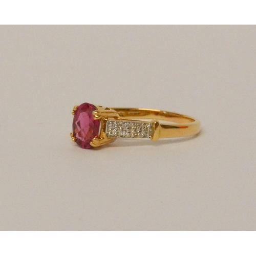 575 - Modern 18ct yellow gold pink tourmaline and diamond ring, ring size R