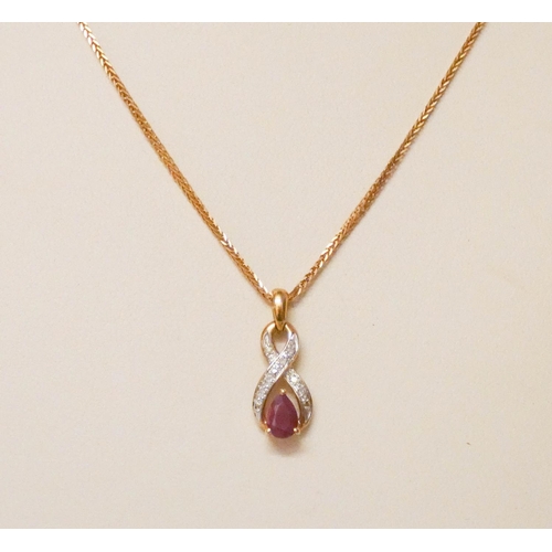 577 - Modern 9ct gold ruby and diamond pendant on gold chain, gross weight 2.8 grams