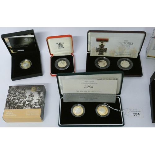 584 - A collection of silver proof coins to include Brunel £2 silver proof piedfort set, 150th Anniversary... 