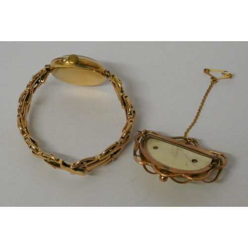 586 - Victorian 15ct gold cased ladies wristwatch on plated flexi strap and a gold framed Victorian carved... 