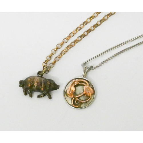 593 - Clogau gold and silver disc pendant on silver chain, and a pig pendant on Victorian 9ct gold belcher... 