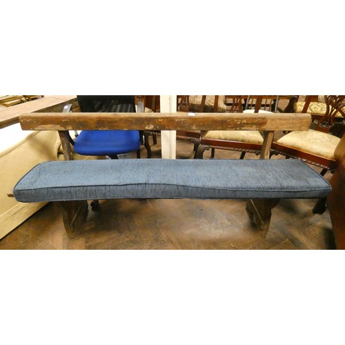 183 - An old pine church type pew with blue cushion, 6' long