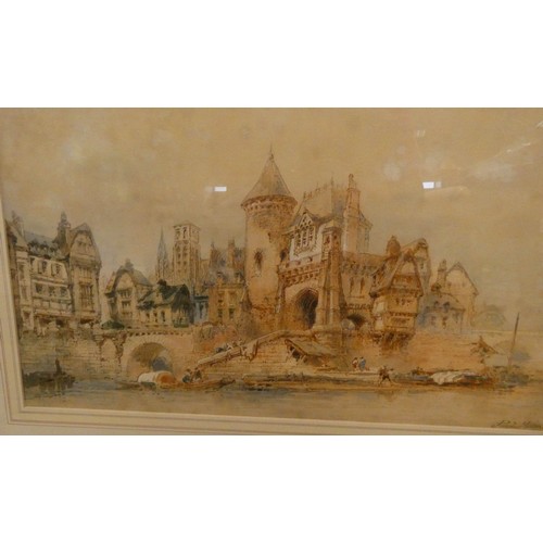 214 - A pair of large framed watercolours of continental street and river scenes signed Paul Marny, image ... 