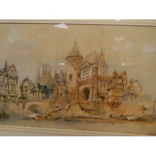 214 - A pair of large framed watercolours of continental street and river scenes signed Paul Marny, image ... 