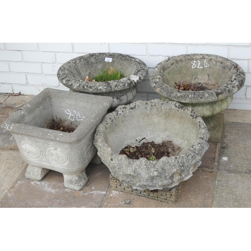 826 - A pair of urn shaped reconstituted stone garden planters, two other odd planters, four in the lot