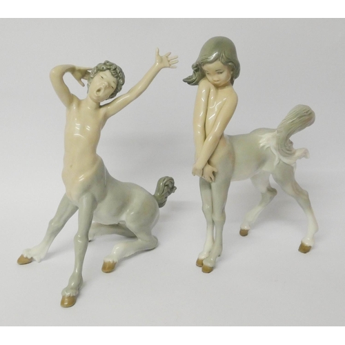 440 - Lladro - a pair of porcelain boy and girl Centaur figures, tallest measuring 22cm high