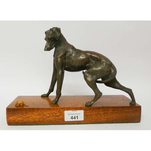 441 - A modern cast bronze of a Greyhound startled by a mouse, on a wooden plinth