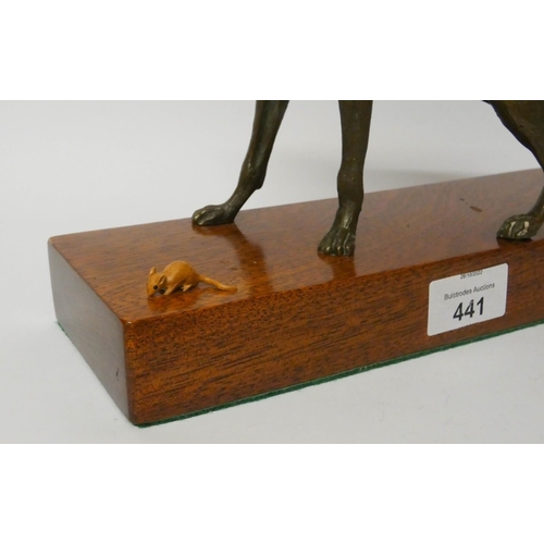 441 - A modern cast bronze of a Greyhound startled by a mouse, on a wooden plinth