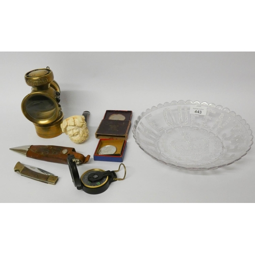 443 - Carved meerschaum pipe, a compass, Festival of Britain and other crowns, VR Jubilee glass dish, kniv... 