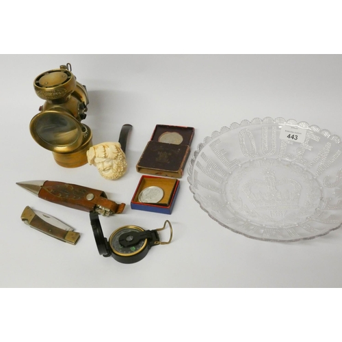 443 - Carved meerschaum pipe, a compass, Festival of Britain and other crowns, VR Jubilee glass dish, kniv... 