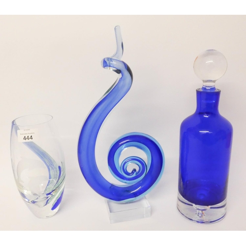 444 - Art glass to include Caithness dolphin engraved vase, Bristol blue glass decanter and stopper, a gla... 