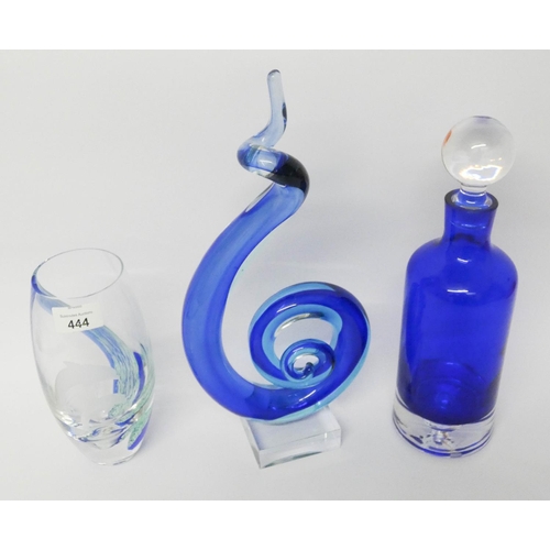 444 - Art glass to include Caithness dolphin engraved vase, Bristol blue glass decanter and stopper, a gla... 