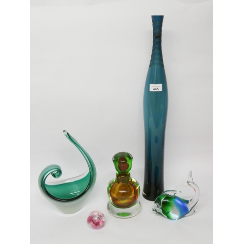 445 - Caithness paper weight, and various art glass to include spiral vases, fish figurine, decanter etc