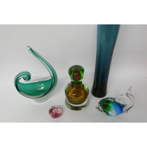 445 - Caithness paper weight, and various art glass to include spiral vases, fish figurine, decanter etc