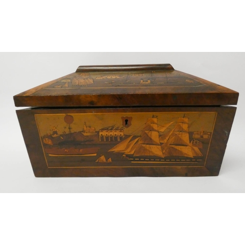 447 - An early 19th century mahogany tea caddy, all inlaid and decorated with paddle steamer and other mar... 