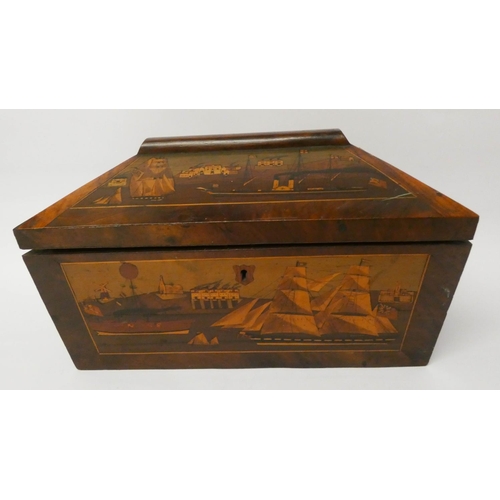 447 - An early 19th century mahogany tea caddy, all inlaid and decorated with paddle steamer and other mar... 