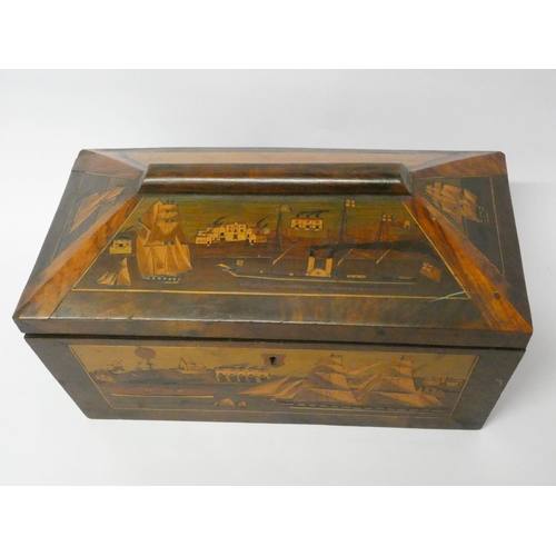 447 - An early 19th century mahogany tea caddy, all inlaid and decorated with paddle steamer and other mar... 